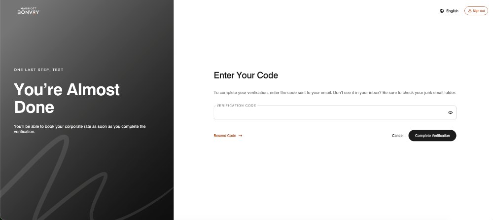 Marriott illustration of the screen for entering a corporate email verification code.
