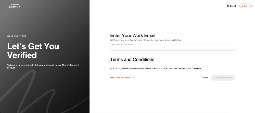 Marriott illustration of the corporate work email verification screen.